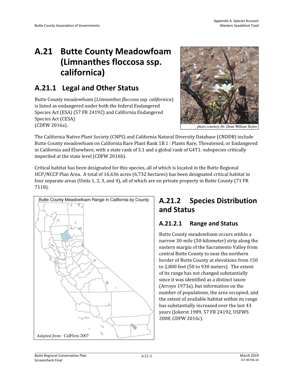 A.21 Butte County Meadowfoam (Limnanthes Floccosa Ssp. Californica) A.21.1 Legal and Other Status Butte County Meadowfoam (Limnanthes Floccosa Ssp