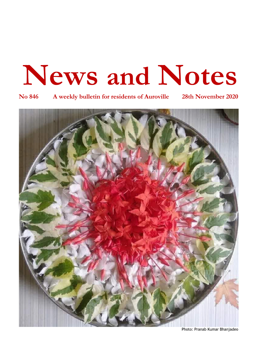 No 846 a Weekly Bulletin for Residents of Auroville 28Th November 2020