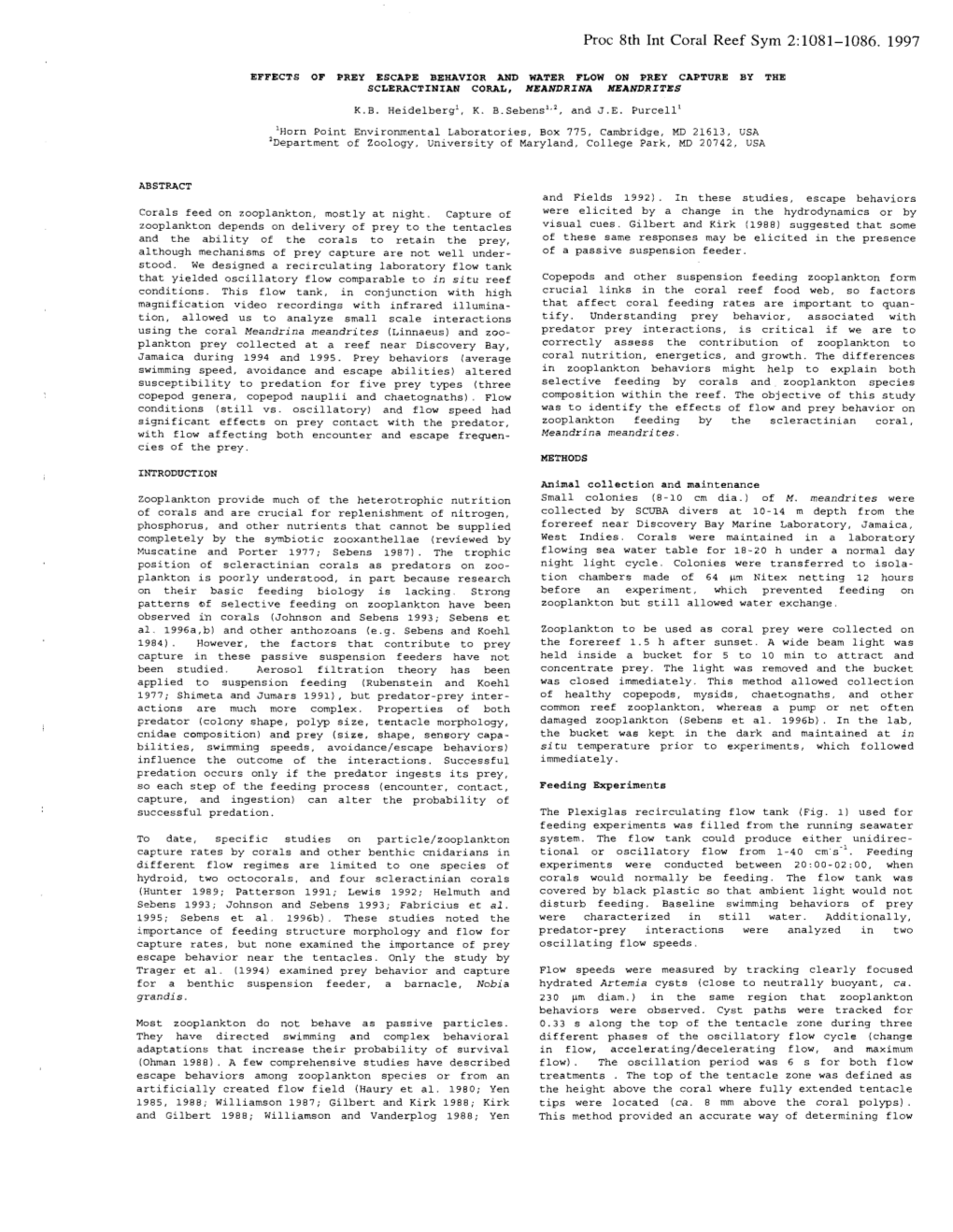 Effects of Prey Escape Behavior and Water Flow on Prey Capture by the Scleractinian Coral, Meandrina Meandrites K.B