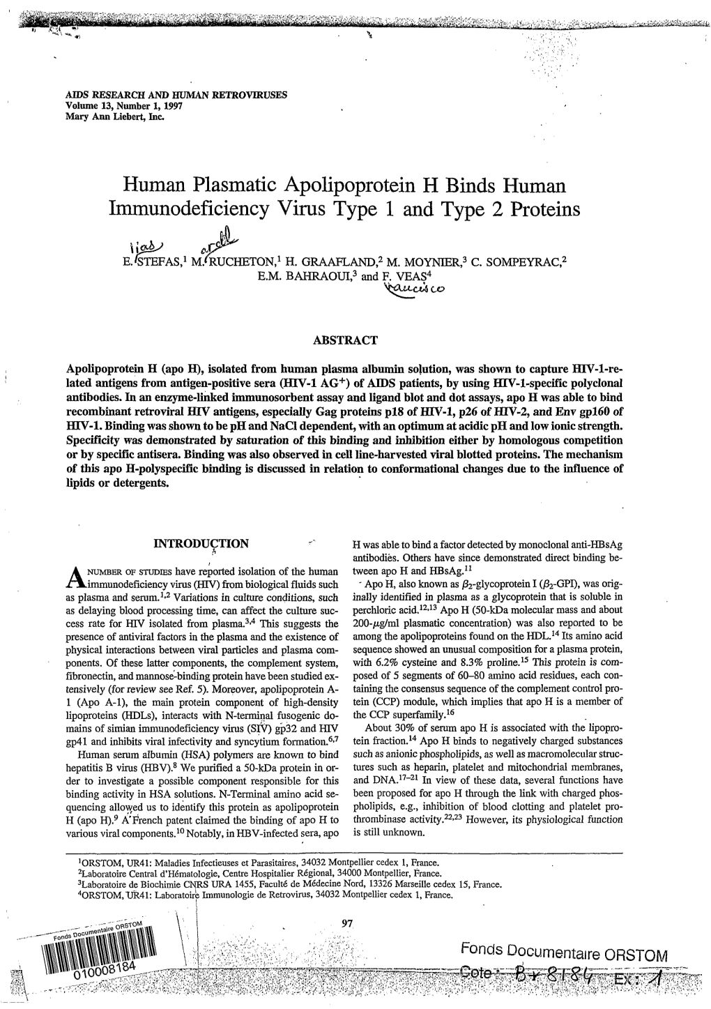 Human Plasmatic Apolipoprotein H Binds Human Immunodeficiency Virus Type 1 and Type 2 Proteins