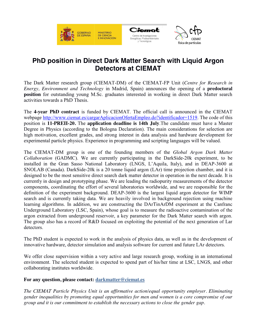 Phd Position in Direct Dark Matter Search with Liquid Argon Detectors at CIEMAT