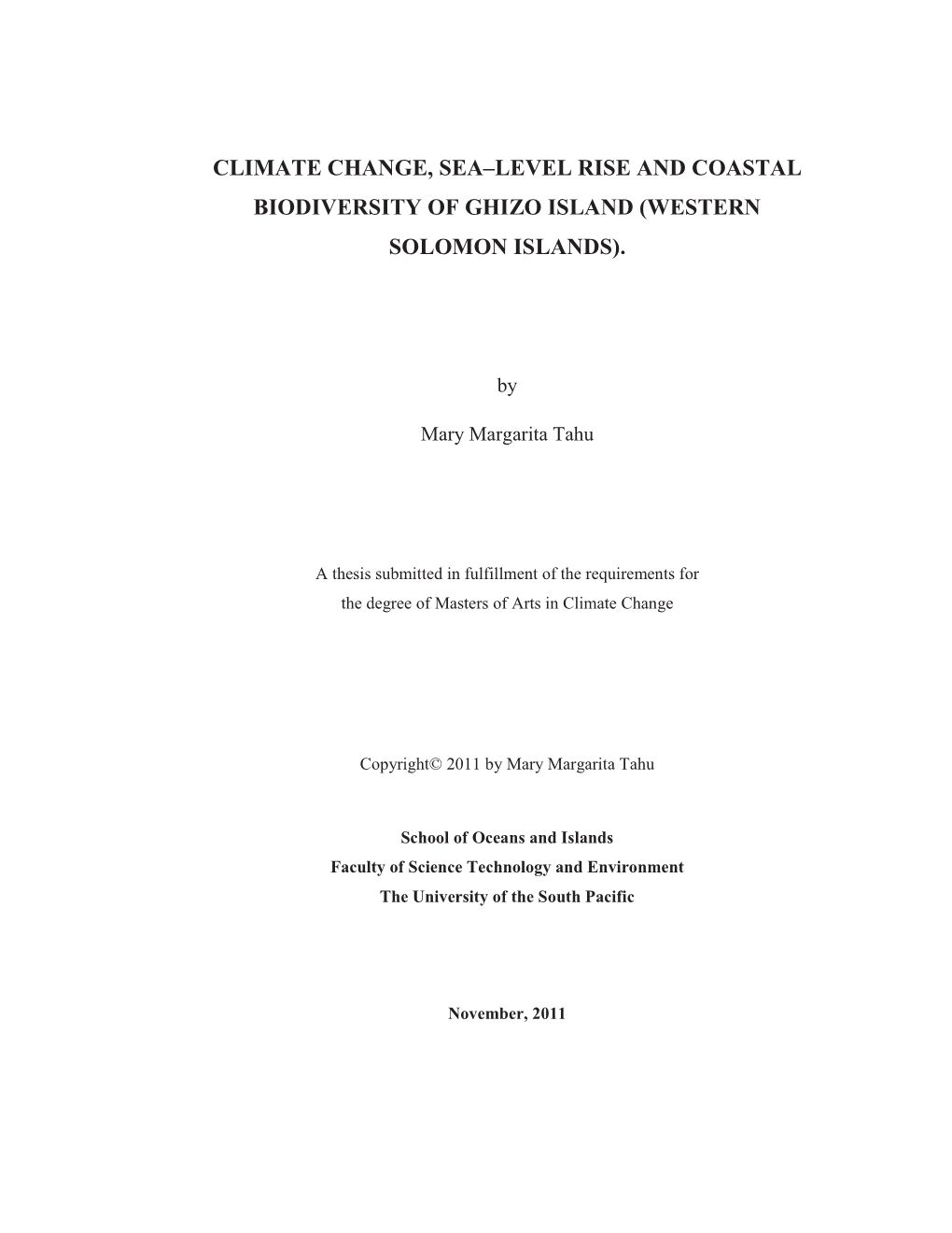 Climate Change, Sea–Level Rise and Coastal Biodiversity of Ghizo Island (Western Solomon Islands)