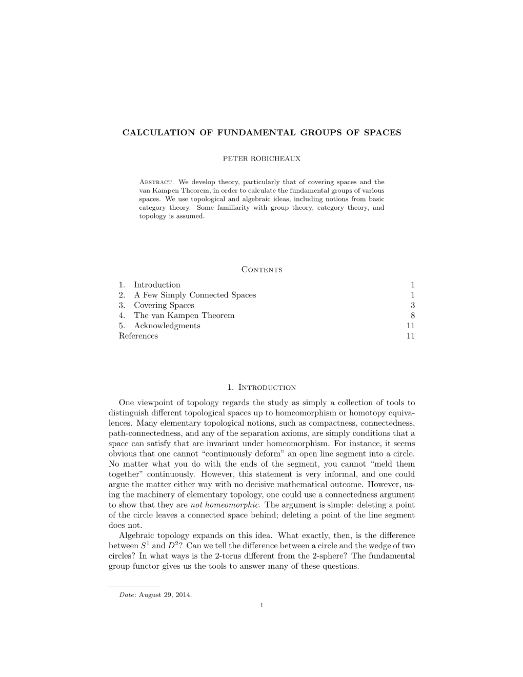 CALCULATION of FUNDAMENTAL GROUPS of SPACES Contents 1