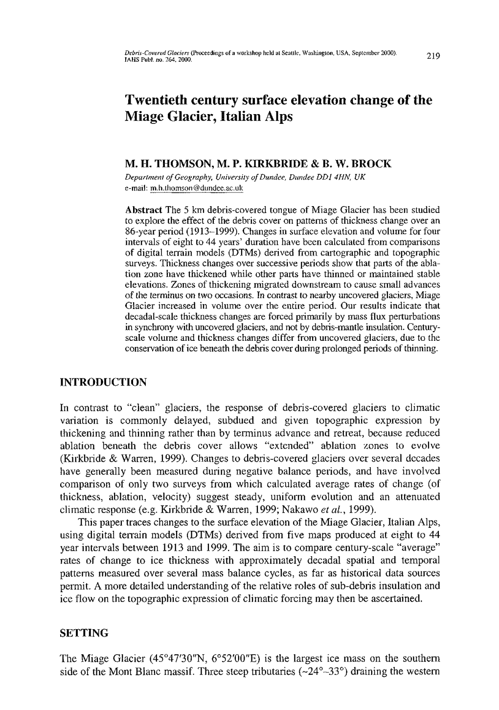 Twentieth Century Surface Elevation Change of the Miage Glacier, Italian Alps