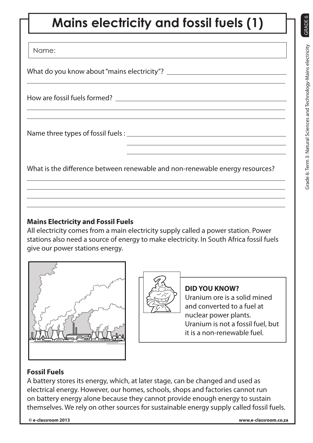 Mains Electricity and Fossil Fuels (1) GRADE 6