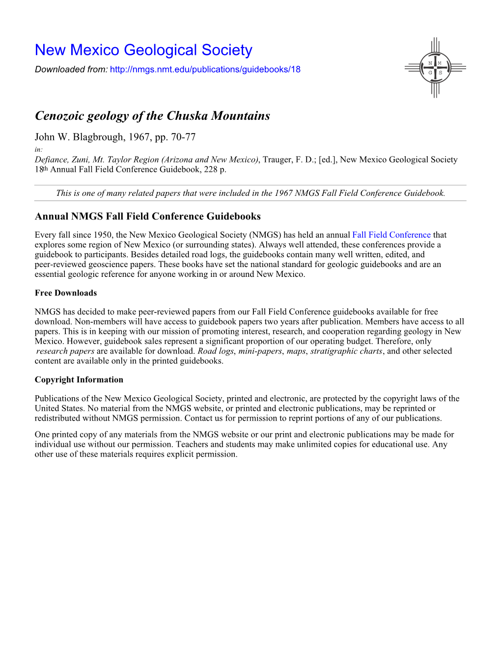 Cenozoic Geology of the Chuska Mountains John W