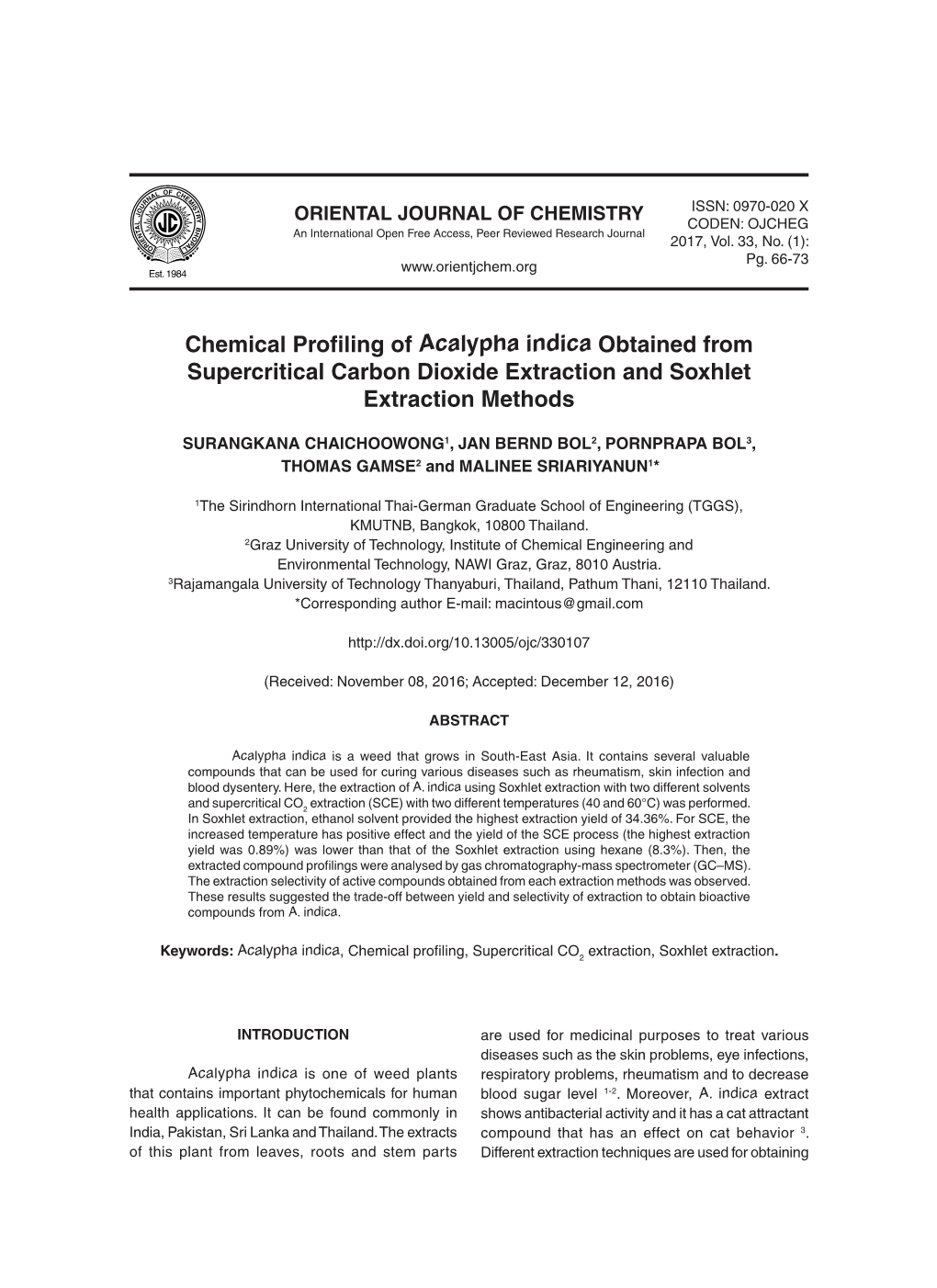 Chemical Profiling of Acalypha Indica Obtained from Supercritical Carbon