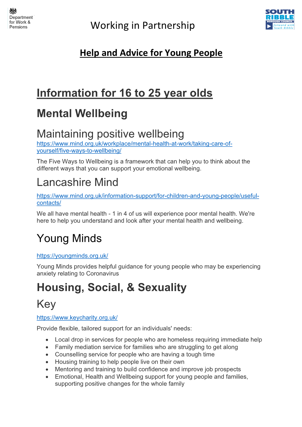 Working in Partnership Information for 16 to 25 Year Olds