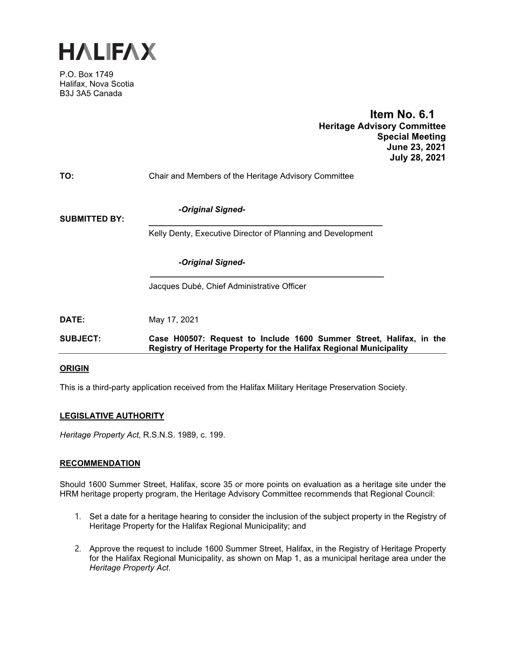 Case H00507: Request to Include 1600 Summer Street, Halifax, in the Registry of Heritage Property for the Halifax Regional Municipality