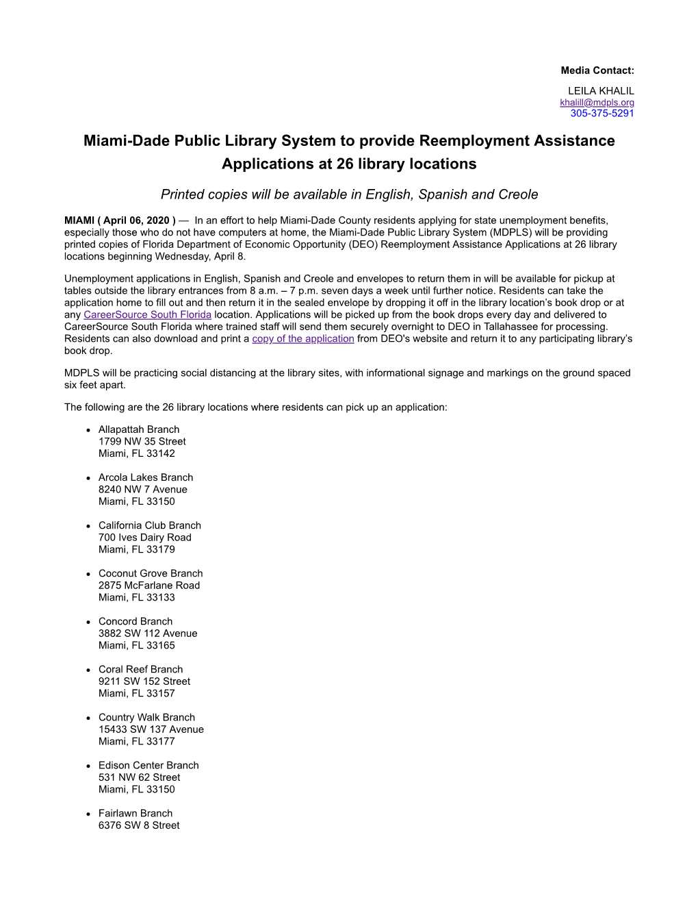 Miami-Dade Public Library System to Provide Reemployment Assistance Applications at 26 Library Locations