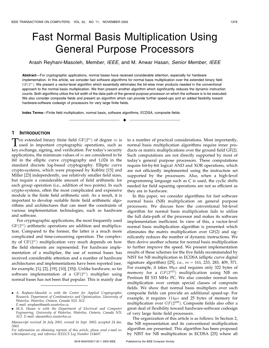 Fast Normal Basis Multiplication Using General Purpose Processors