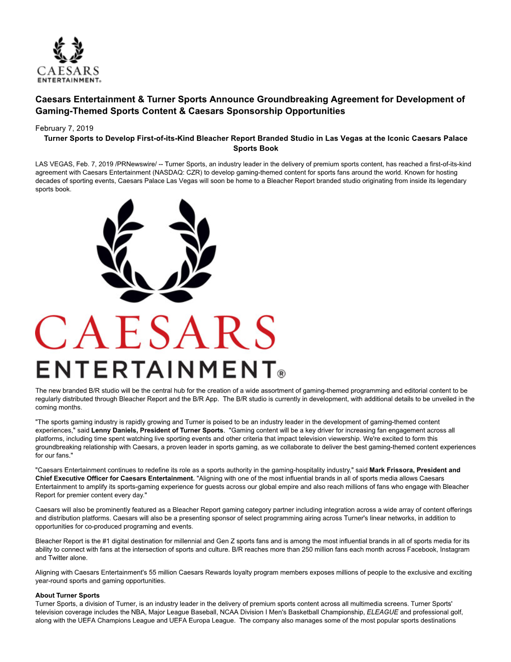 Caesars Entertainment & Turner Sports Announce Groundbreaking Agreement for Development of Gaming-Themed Sports Content