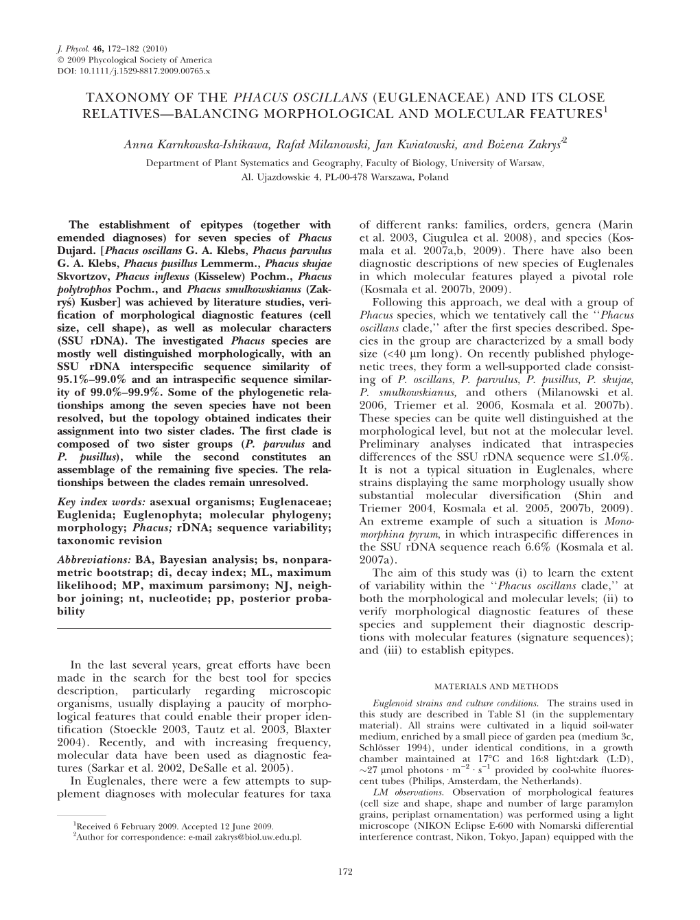 Taxonomy of the Phacus Oscillans (Euglenaceae) and Its Close Relatives—Balancing Morphological and Molecular Features1