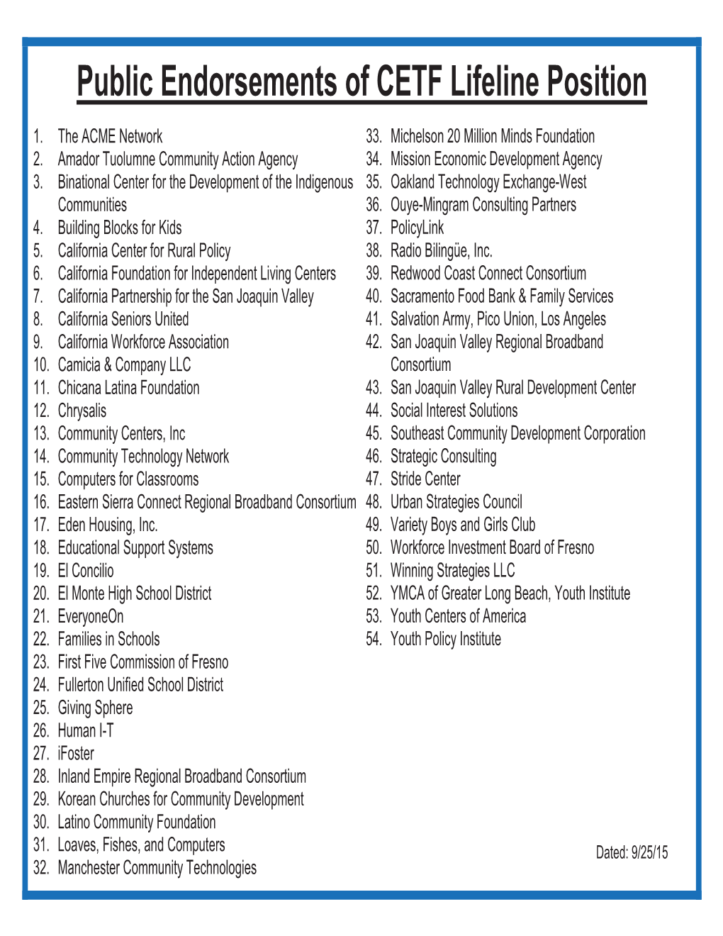 Public Endorsements of CETF Lifeline Position