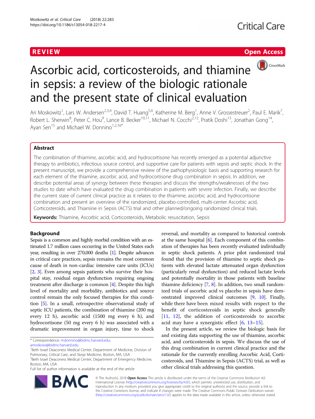 Ascorbic Acid, Corticosteroids, and Thiamine in Sepsis: a Review of the Biologic Rationale and the Present State of Clinical Evaluation Ari Moskowitz1, Lars W