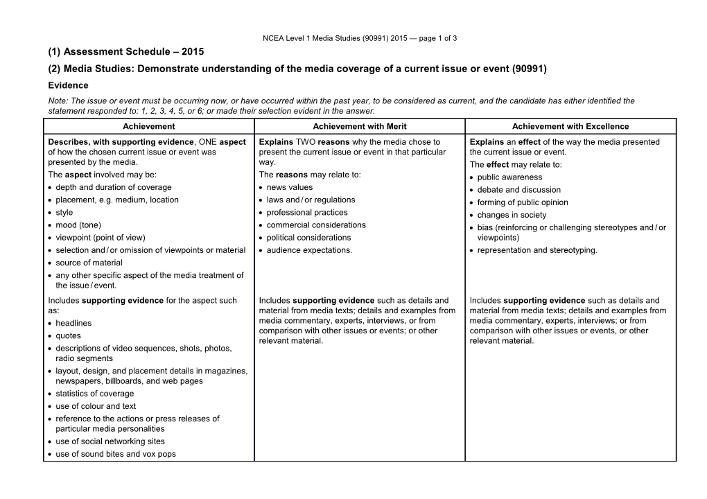 NCEA Level 1 Media Studies (90991) 2015 Assessment Schedule