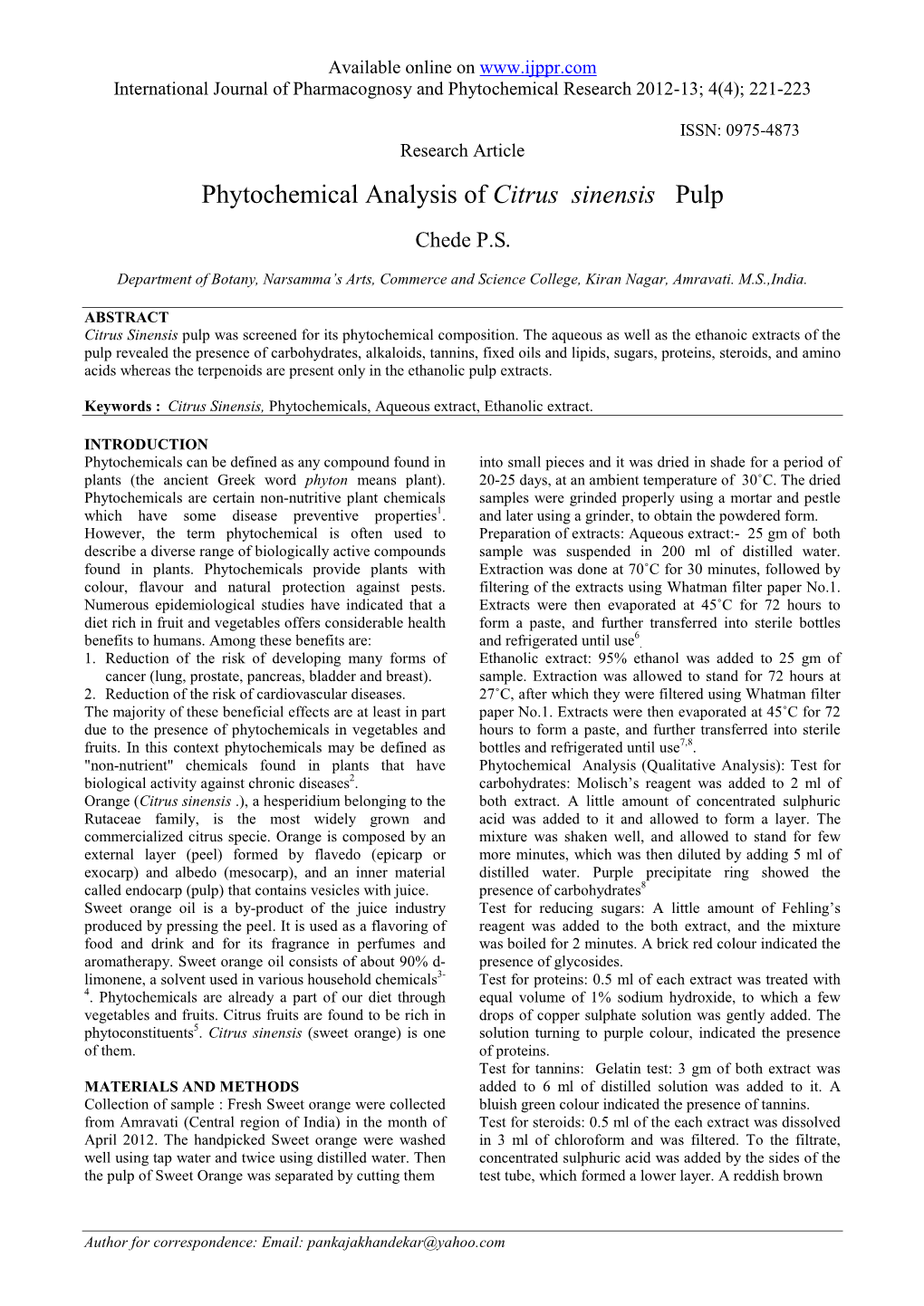 Phytochemical Analysis of Citrus Sinensis Pulp