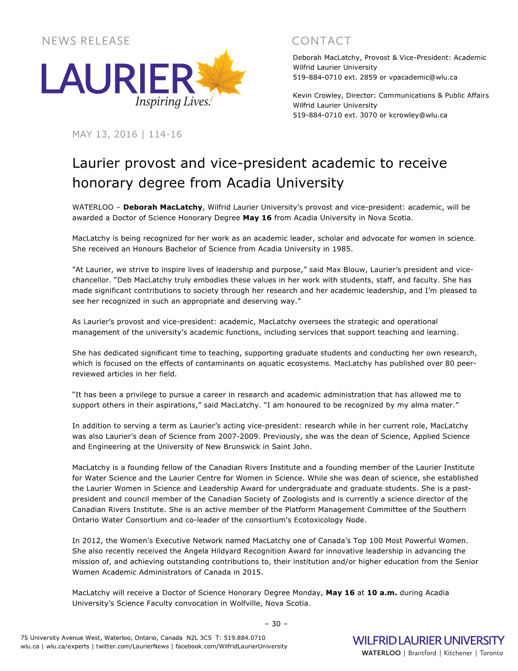 Laurier Provost and Vice-President Academic to Receive Honorary Degree from Acadia University