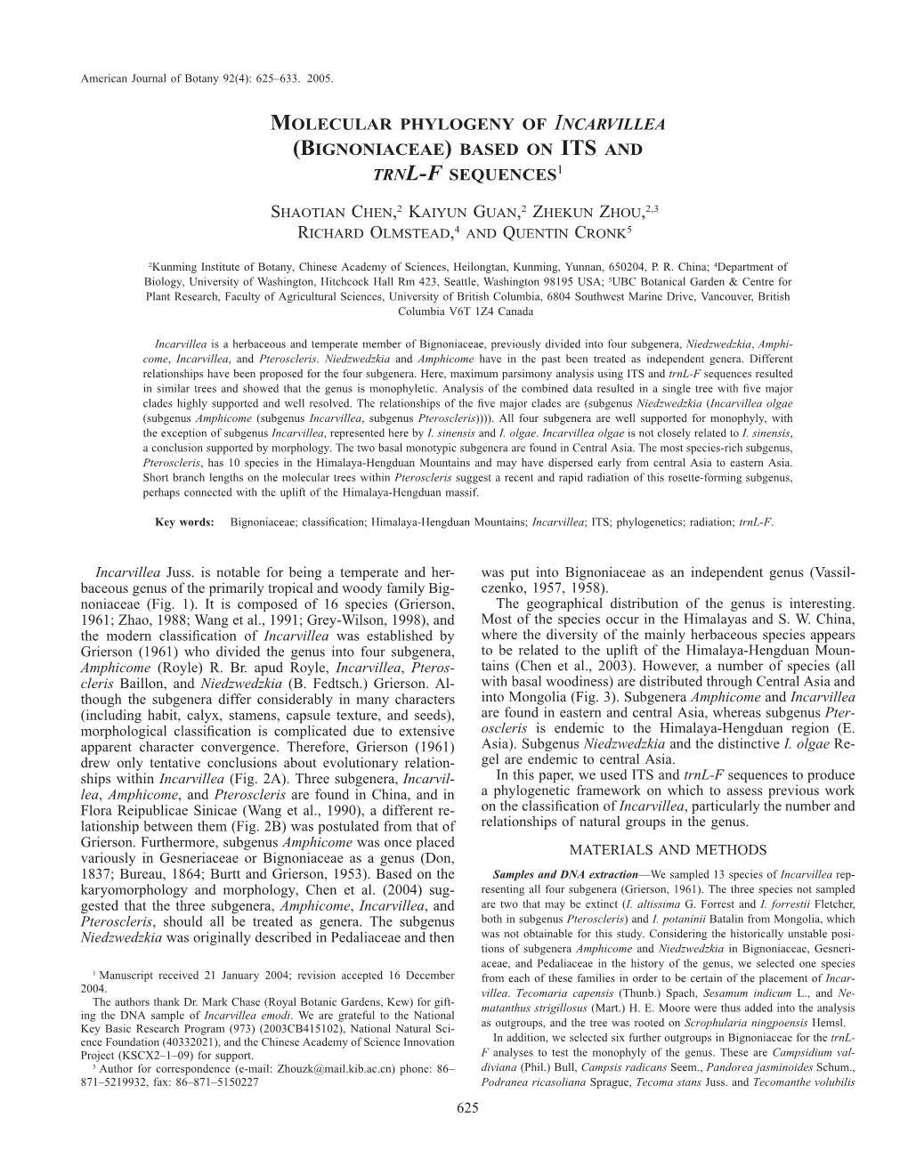 Molecular Phylogeny of Incarvillea (Bignoniaceae) Based on Its and Trnl-F Sequences1