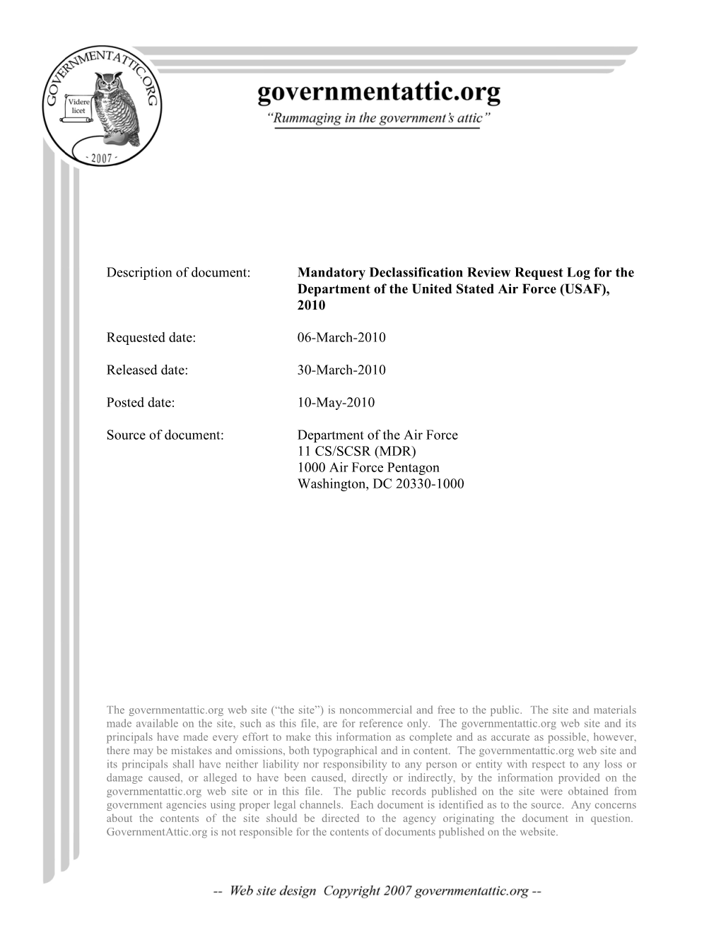 Mandatory Declassification Review Request Log for the Department of the United Stated Air Force (USAF), 2010