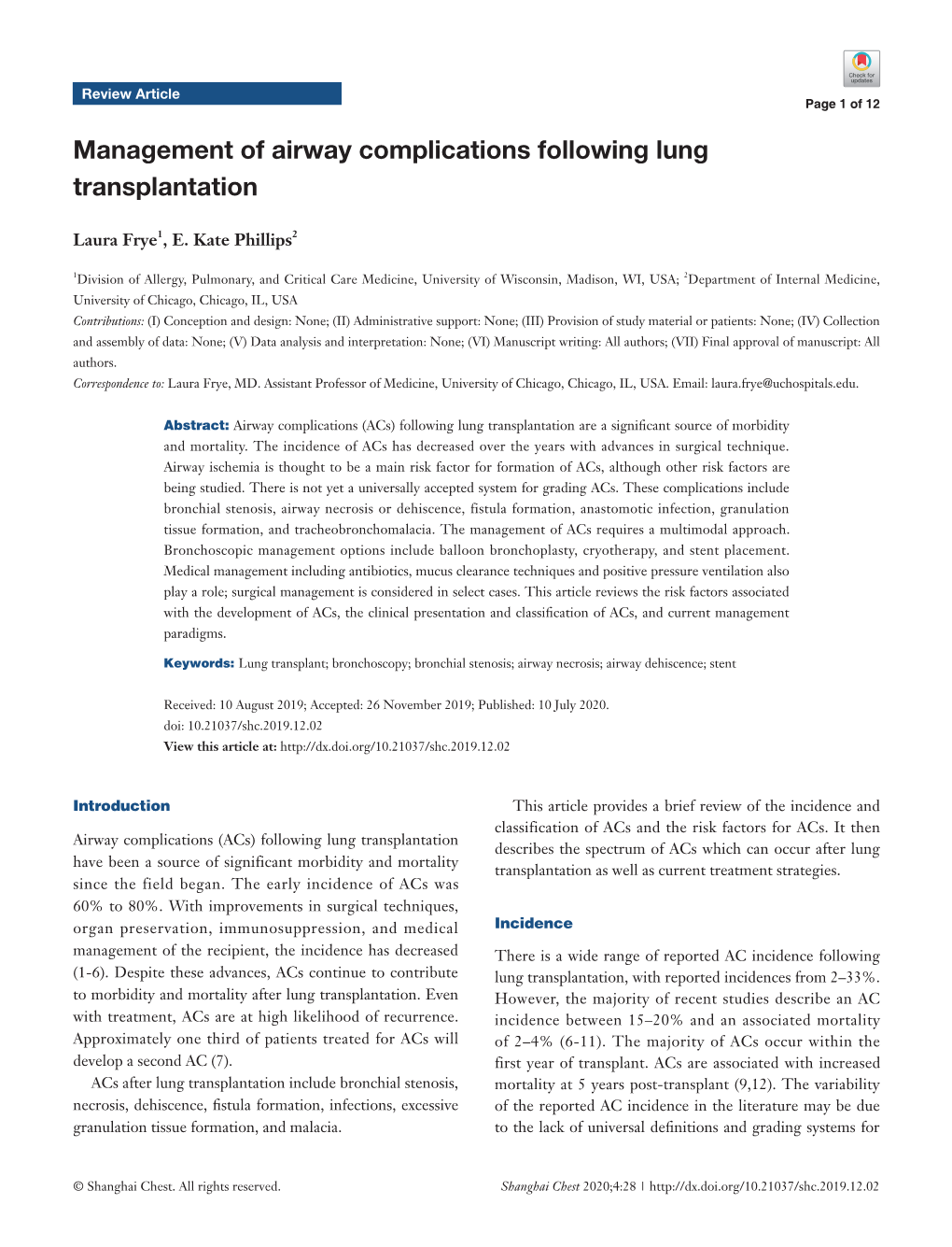 Management of Airway Complications Following Lung Transplantation