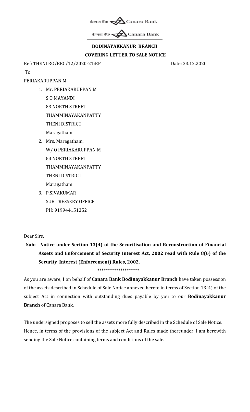 BODINAYAKKANUR BRANCH COVERING LETTER to SALE NOTICE Ref: THENI RO/REC/12/2020-21:RP Date: 23.12.2020 to PERIAKARUPPAN M 1