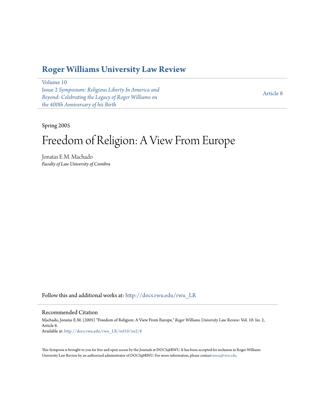 Freedom of Religion: a View from Europe Jonatas E.M