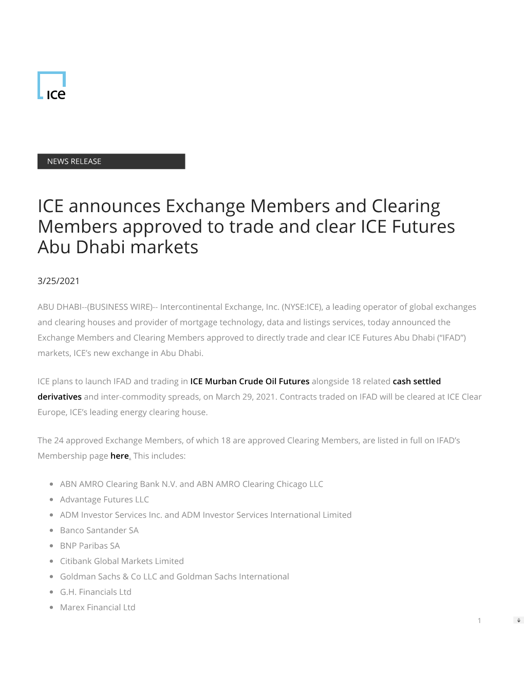 ICE Announces Exchange Members and Clearing Members Approved to Trade and Clear ICE Futures Abu Dhabi Markets