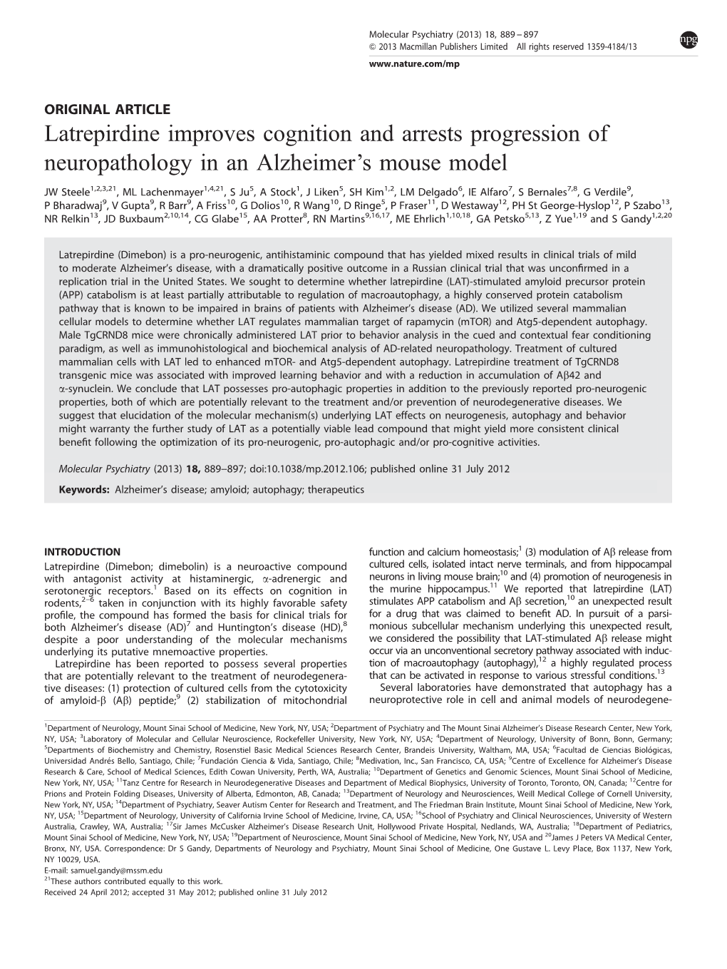 Latrepirdine Improves Cognition and Arrests Progression of Neuropathology in an Alzheimer’S Mouse Model