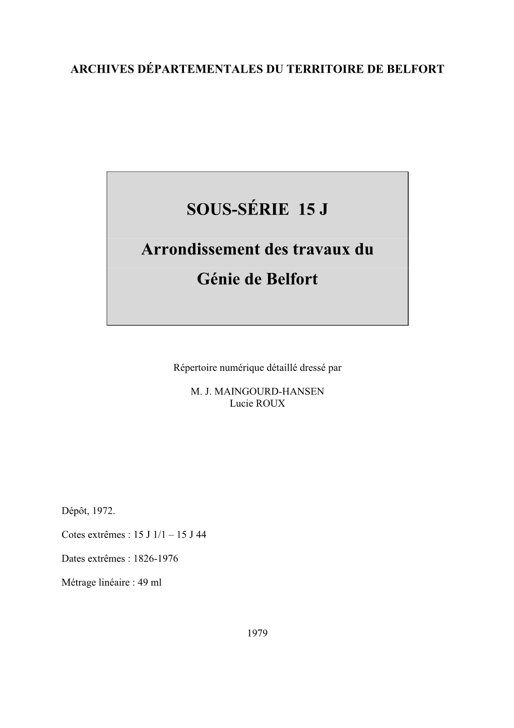 SOUS-SÉRIE 15 J Arrondissement Des Travaux Du Génie De Belfort