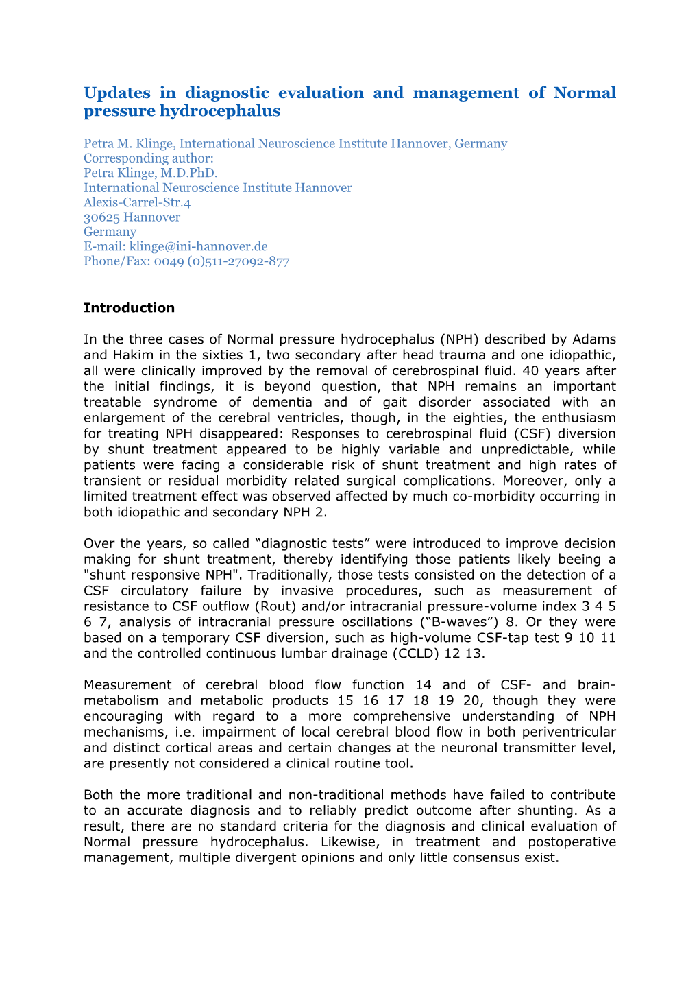 Updates in Diagnostic Evaluation and Management of Normal Pressure Hydrocephalus