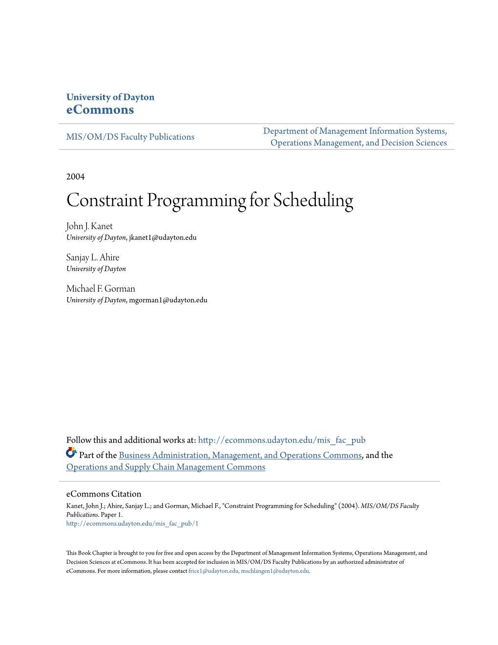 Constraint Programming for Scheduling John J