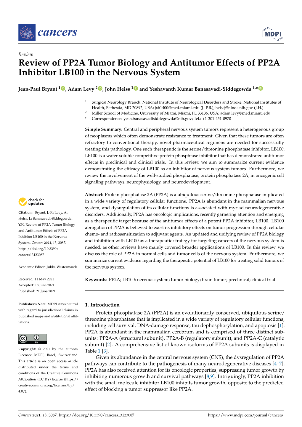 Review of PP2A Tumor Biology and Antitumor Effects of PP2A Inhibitor LB100 in the Nervous System