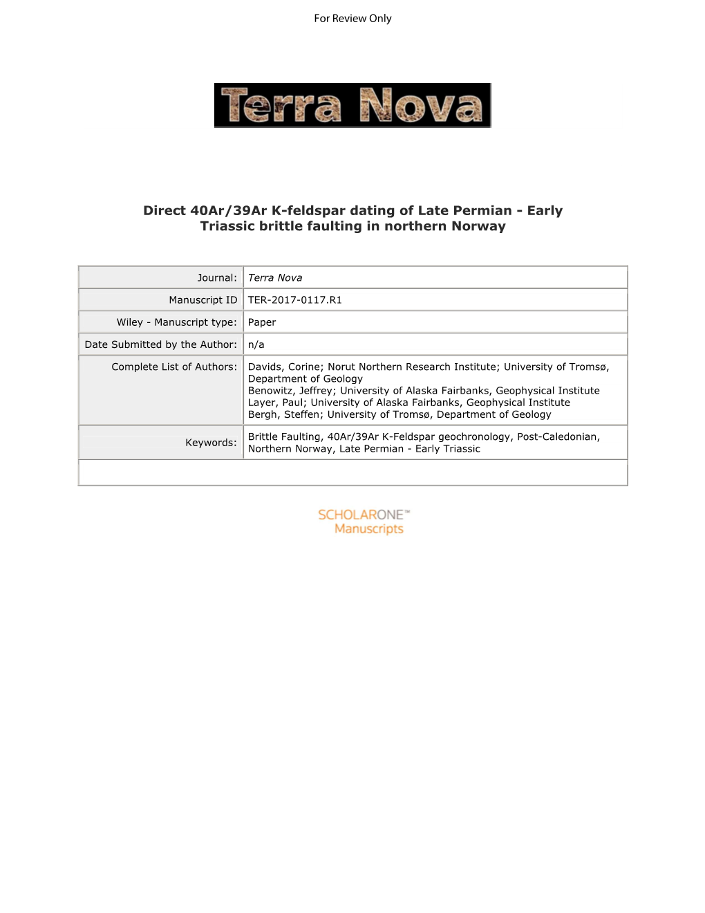 Direct 40Ar/39Ar K-Feldspar Dating of Late Permian - Early Triassic Brittle Faulting in Northern Norway