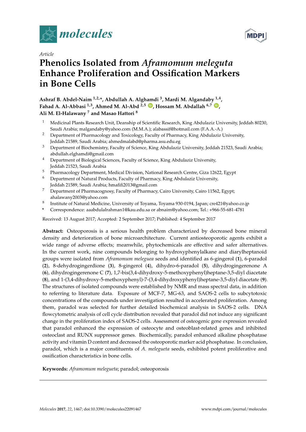 Phenolics Isolated from Aframomum Meleguta Enhance Proliferation and Ossiﬁcation Markers in Bone Cells