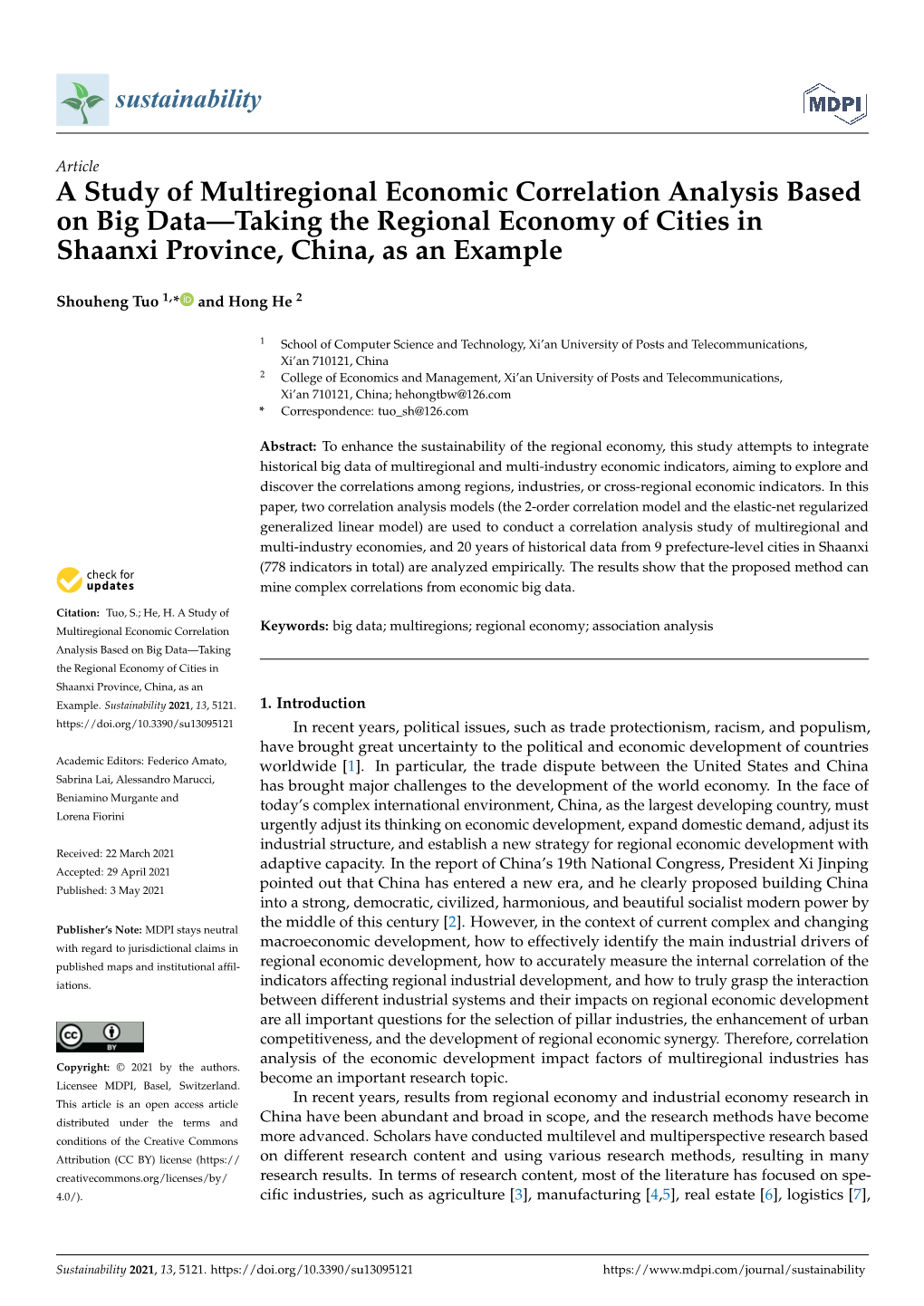 A Study of Multiregional Economic Correlation Analysis Based on Big Data—Taking the Regional Economy of Cities in Shaanxi Province, China, As an Example