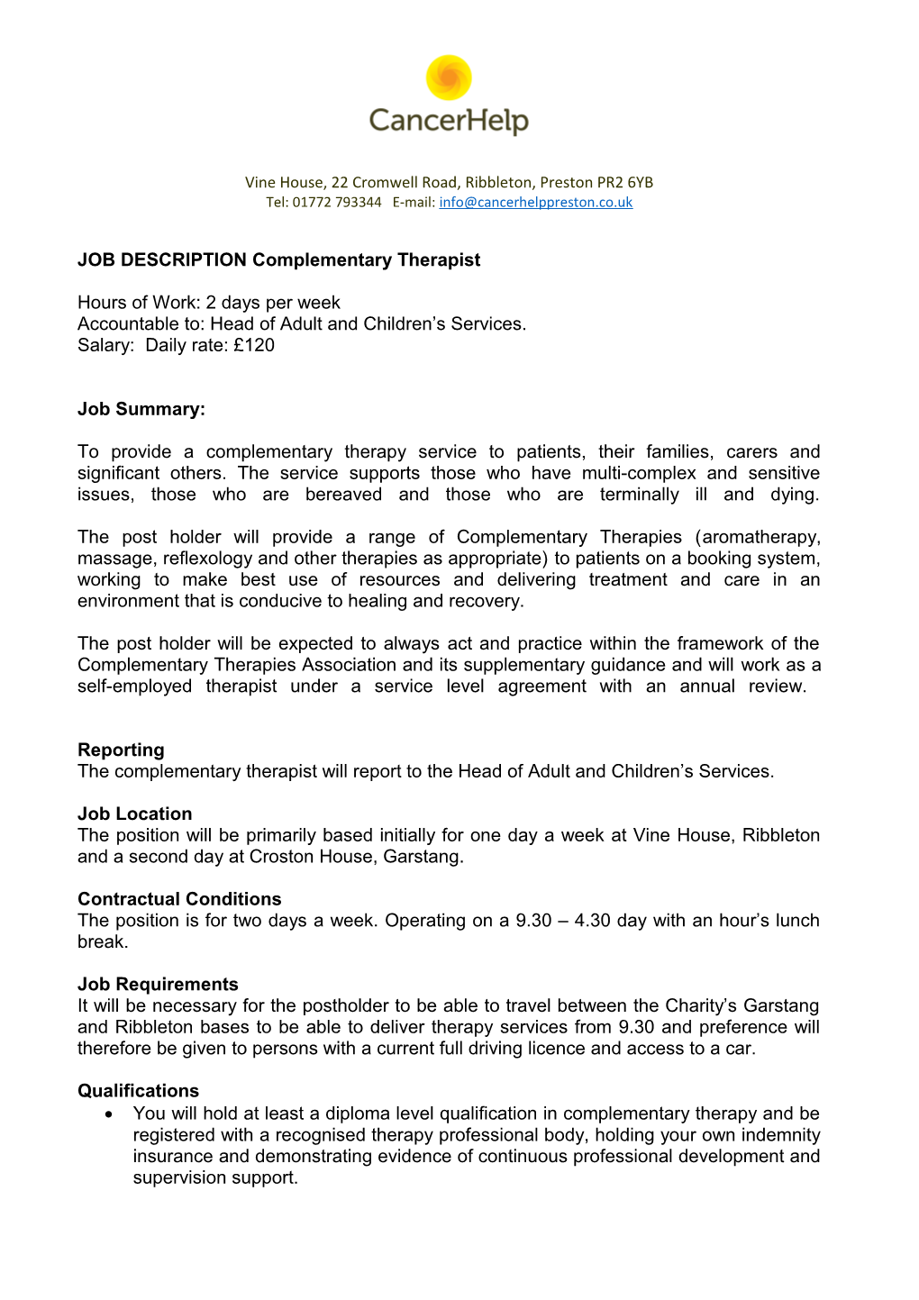 JOB DESCRIPTION Complementary Therapist - Norwich