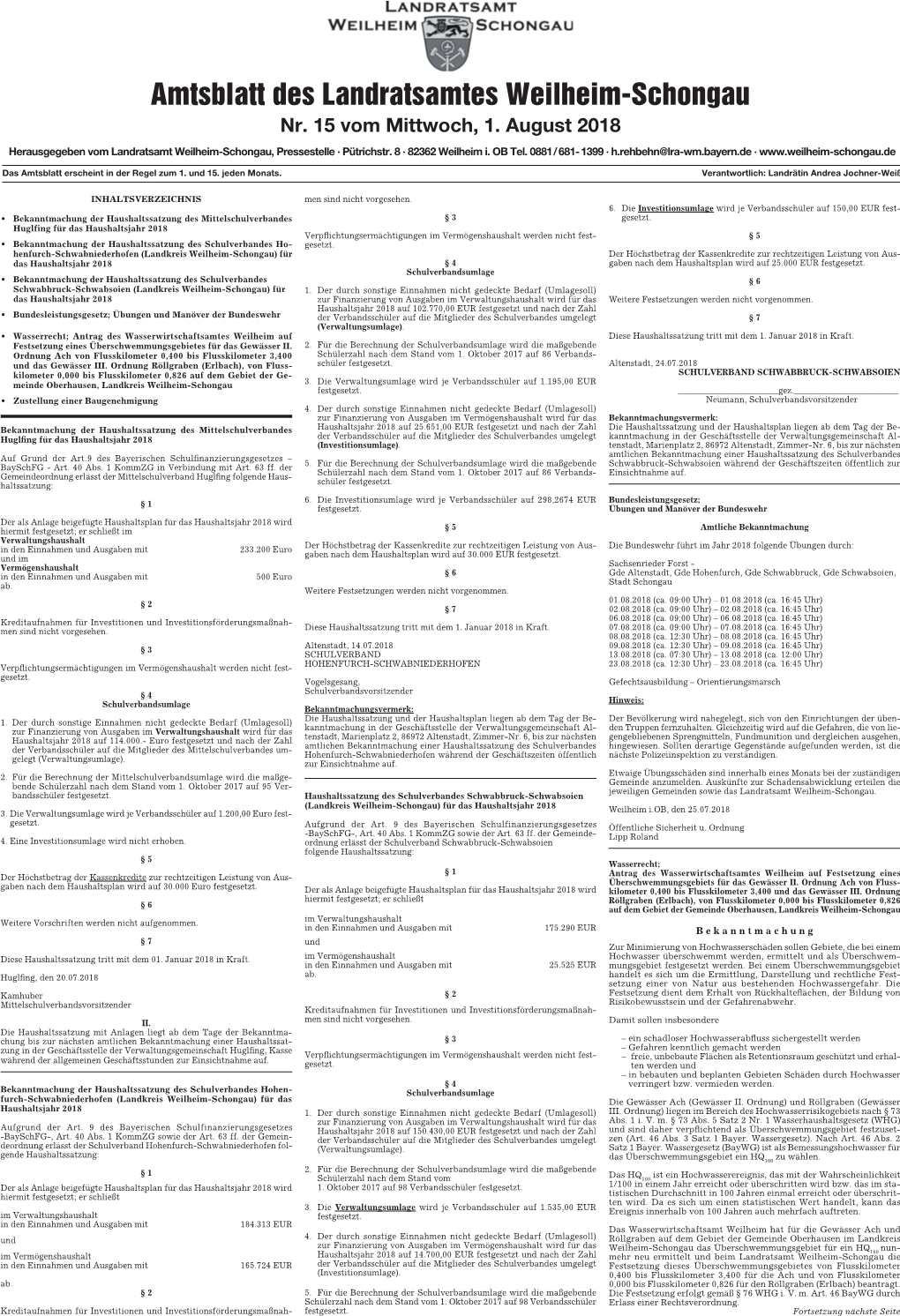 Amtsblatt Des Landratsamtes Weilheim-Schongau Nr