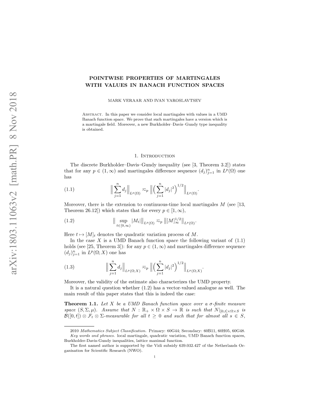 Arxiv:1803.11063V2 [Math.PR] 8 Nov 2018 Aiainfrsinicrsac (NWO)