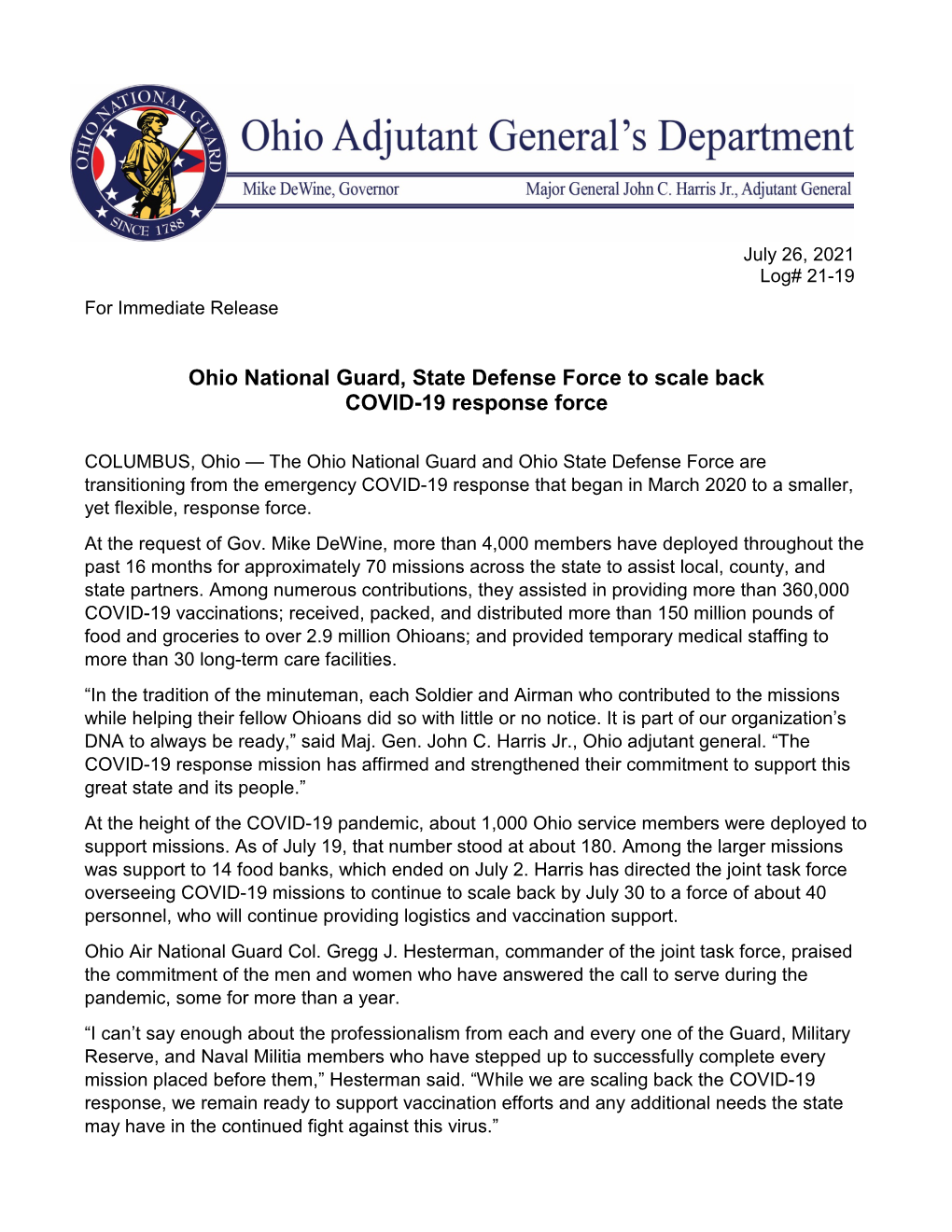 Ohio National Guard, State Defense Force to Scale Back COVID-19 Response Force