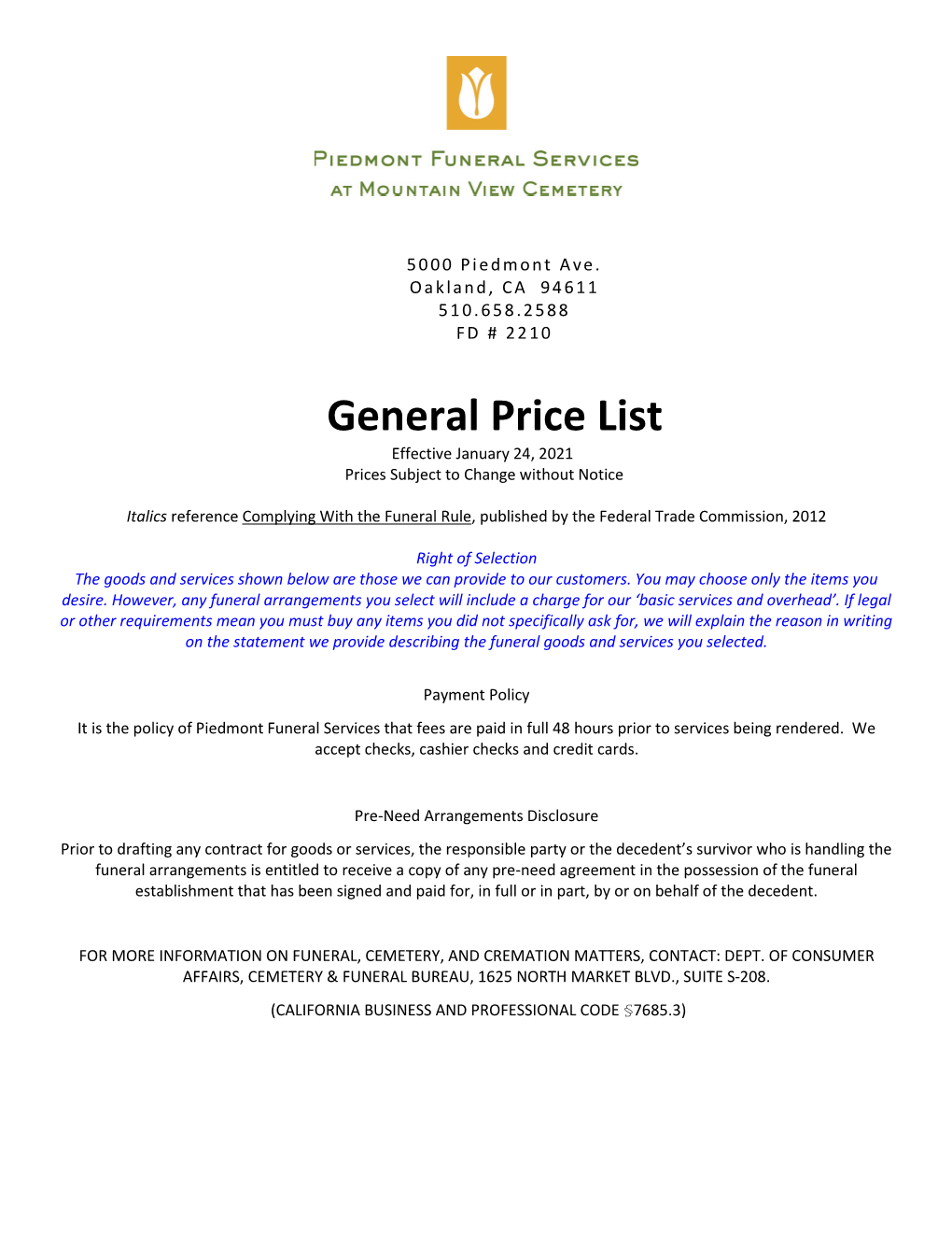 General Price List Effective January 24, 2021 Prices Subject to Change Without Notice