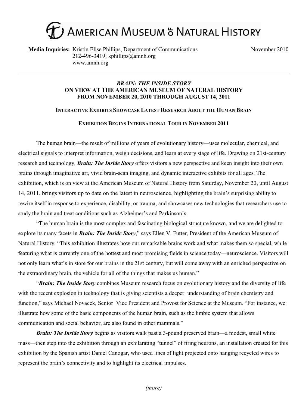 Media Inquiries: Kristin Elise Phillips, Department of Communications November 2010 212-496-3419; Kphillips@Amnh.Org