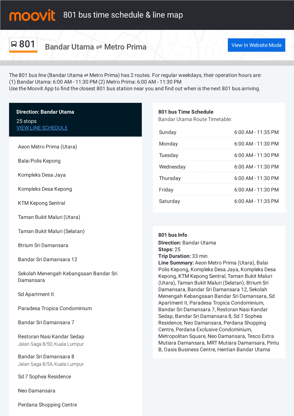 801 Bus Time Schedule & Line Route