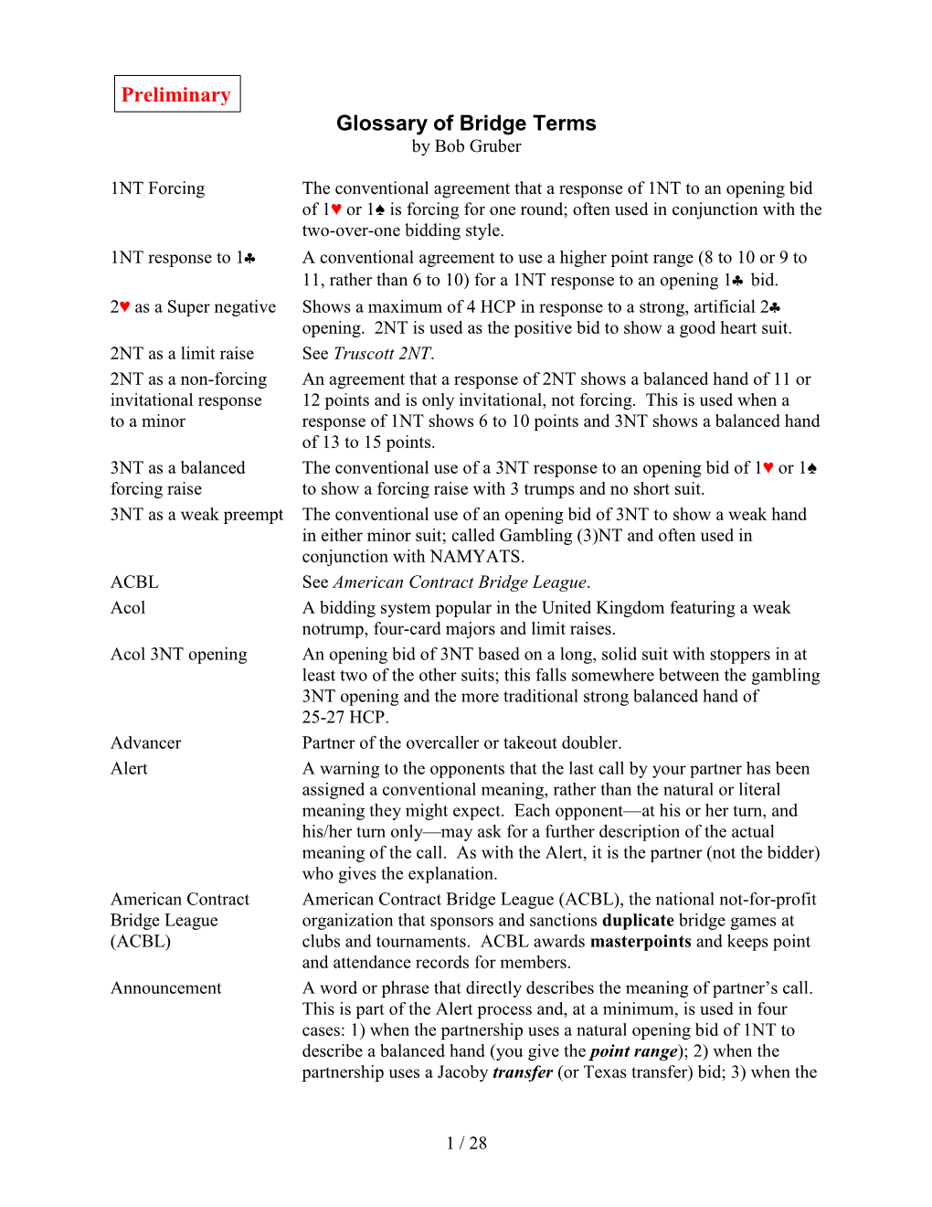 Glossary of Bridge Terms Preliminary