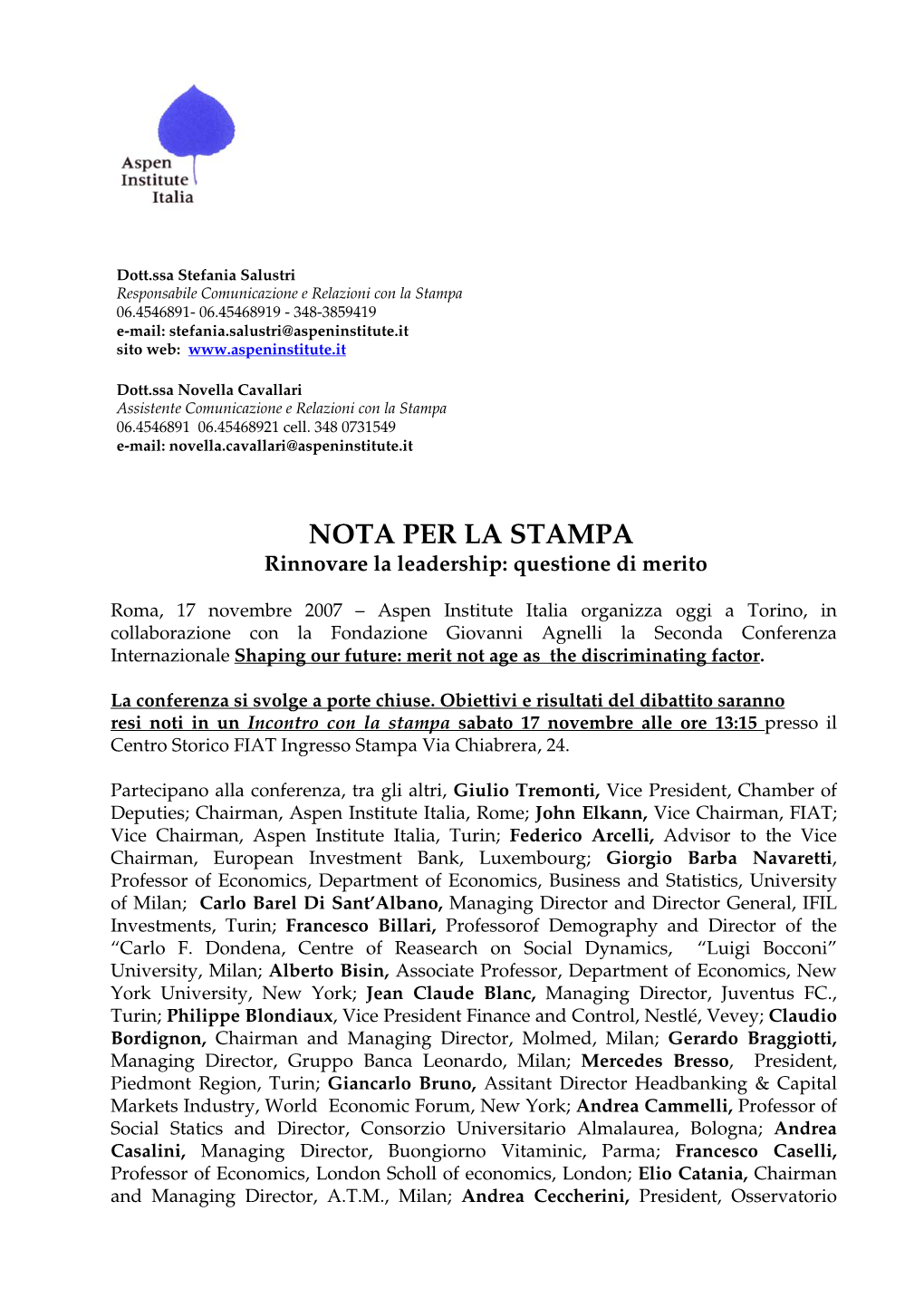 NOTA PER LA STAMPA Rinnovare La Leadership: Questione Di Merito