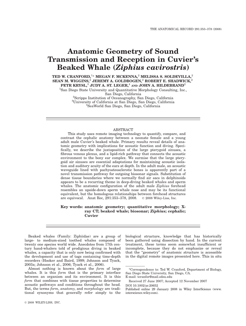 Anatomic Geometry of Sound Transmission and Reception in Cuvier’S Beaked Whale (Ziphius Cavirostris)