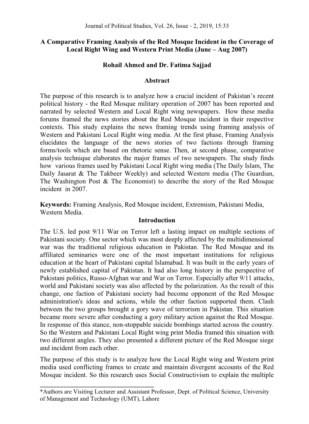 A Comparative Framing Analysis of the Red Mosque Incident in the Coverage of Local Right Wing and Western Print Media (June – Aug 2007)