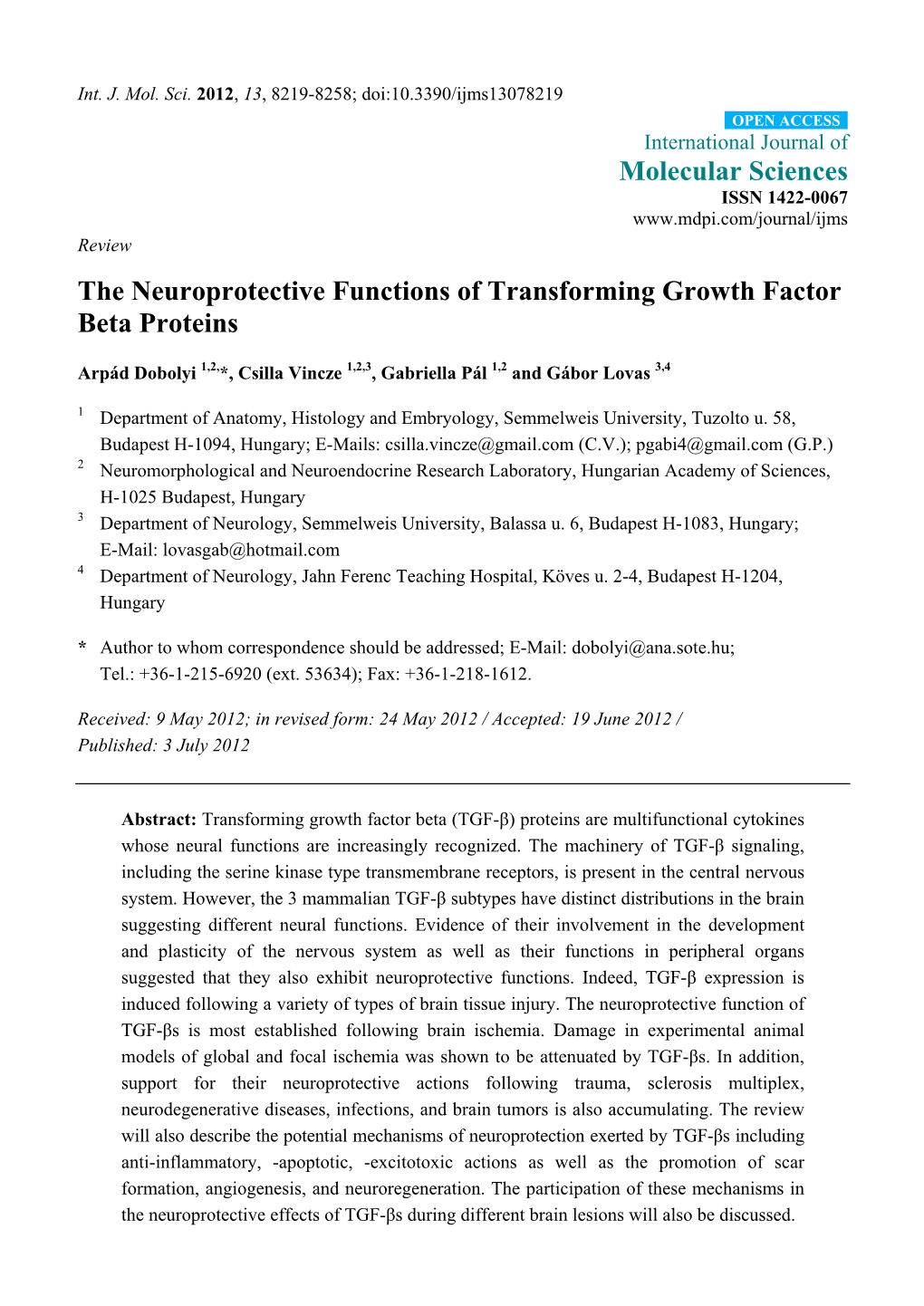 The Neuroprotective Functions of Transforming Growth Factor Beta Proteins