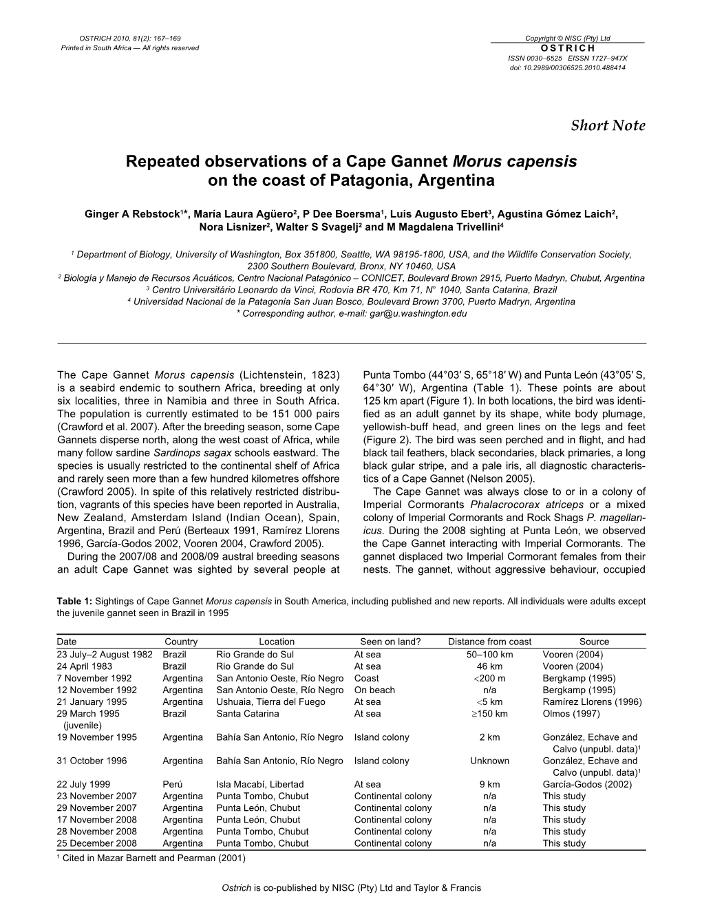 Repeated Observations of a Cape Gannet Morus Capensis on the Coast of Patagonia, Argentina