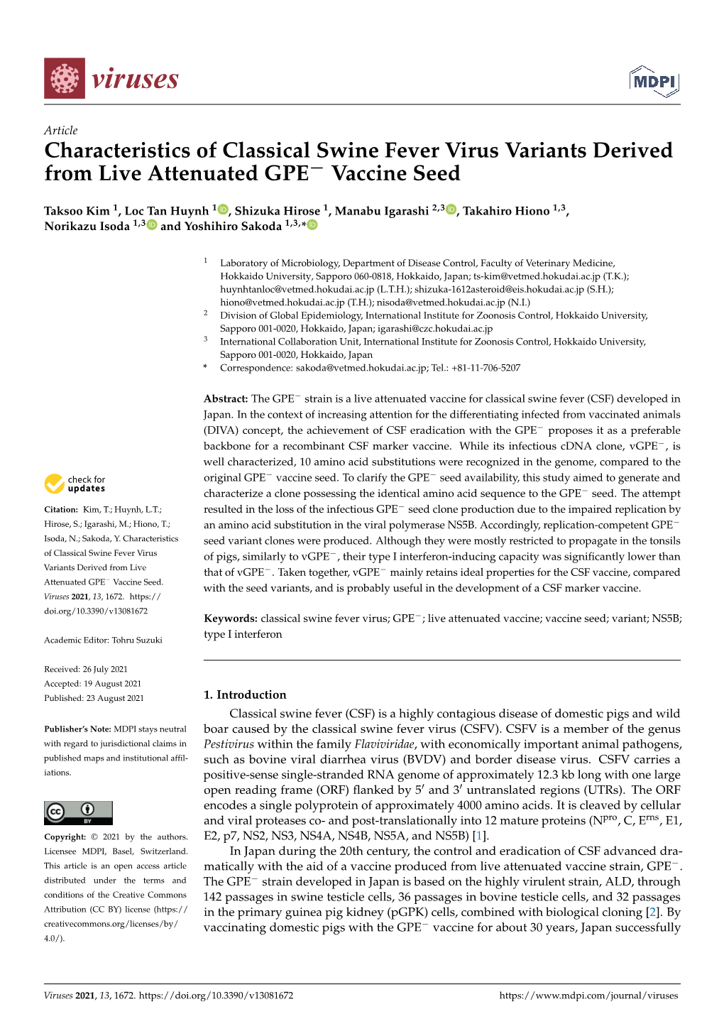 Characteristics of Classical Swine Fever Virus Variants Derived from Live Attenuated GPE− Vaccine Seed